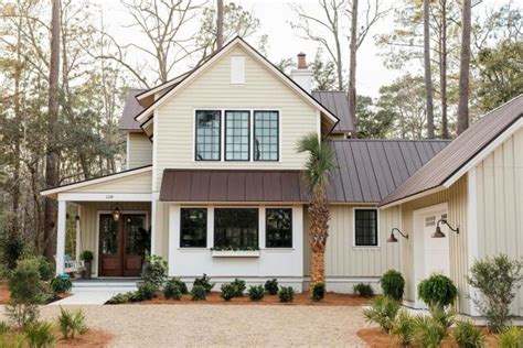 white house brown metal roof|white houses with brown trim.